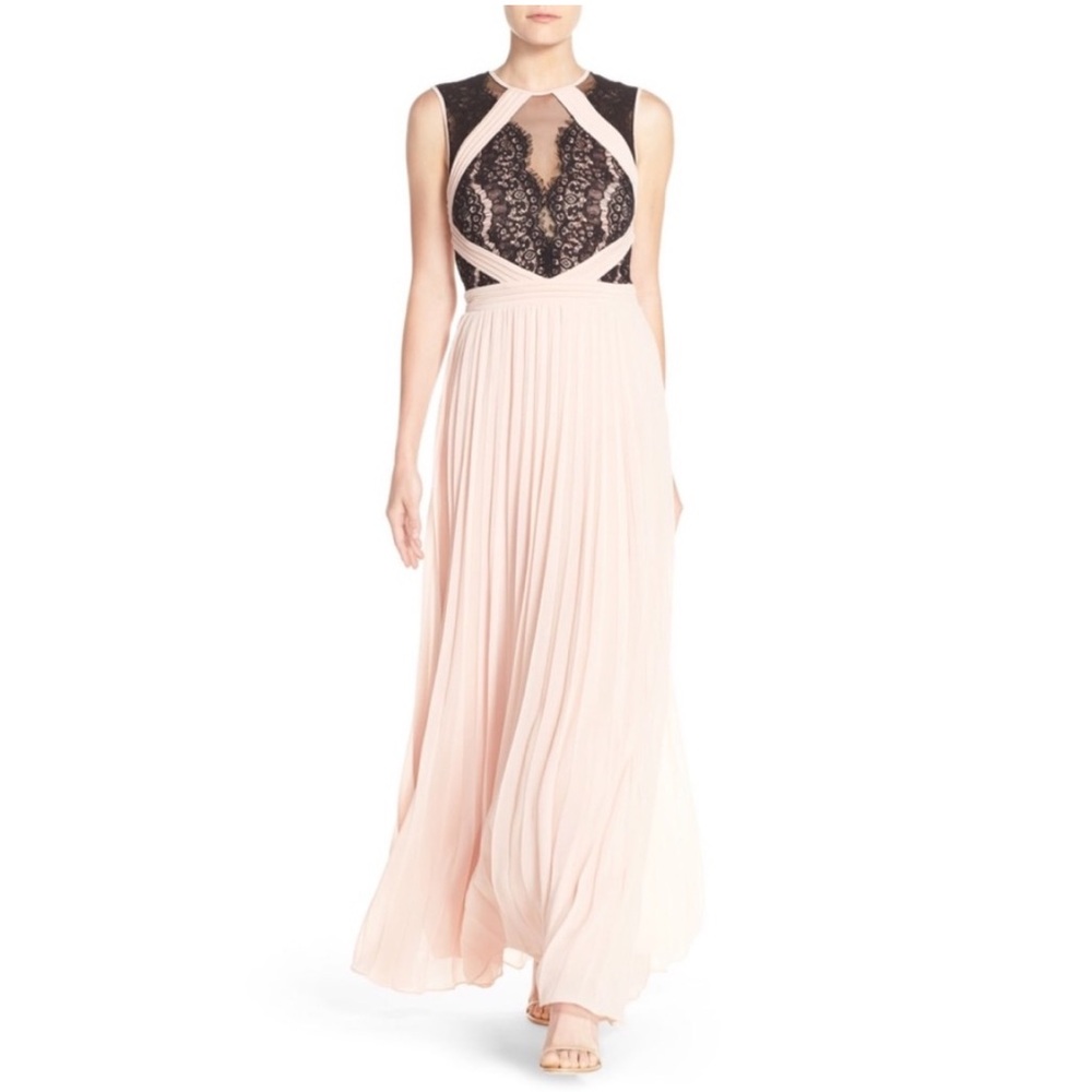 Xscape Pink and Black Pleated Halter Gown